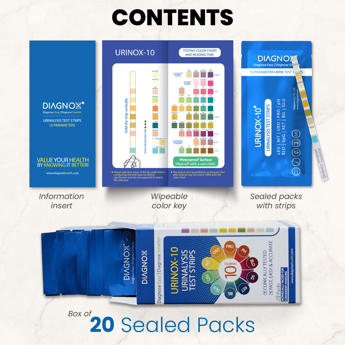 Urinox10 Urinalysis Test Strips 20 Tests/Bx Diagnox Health